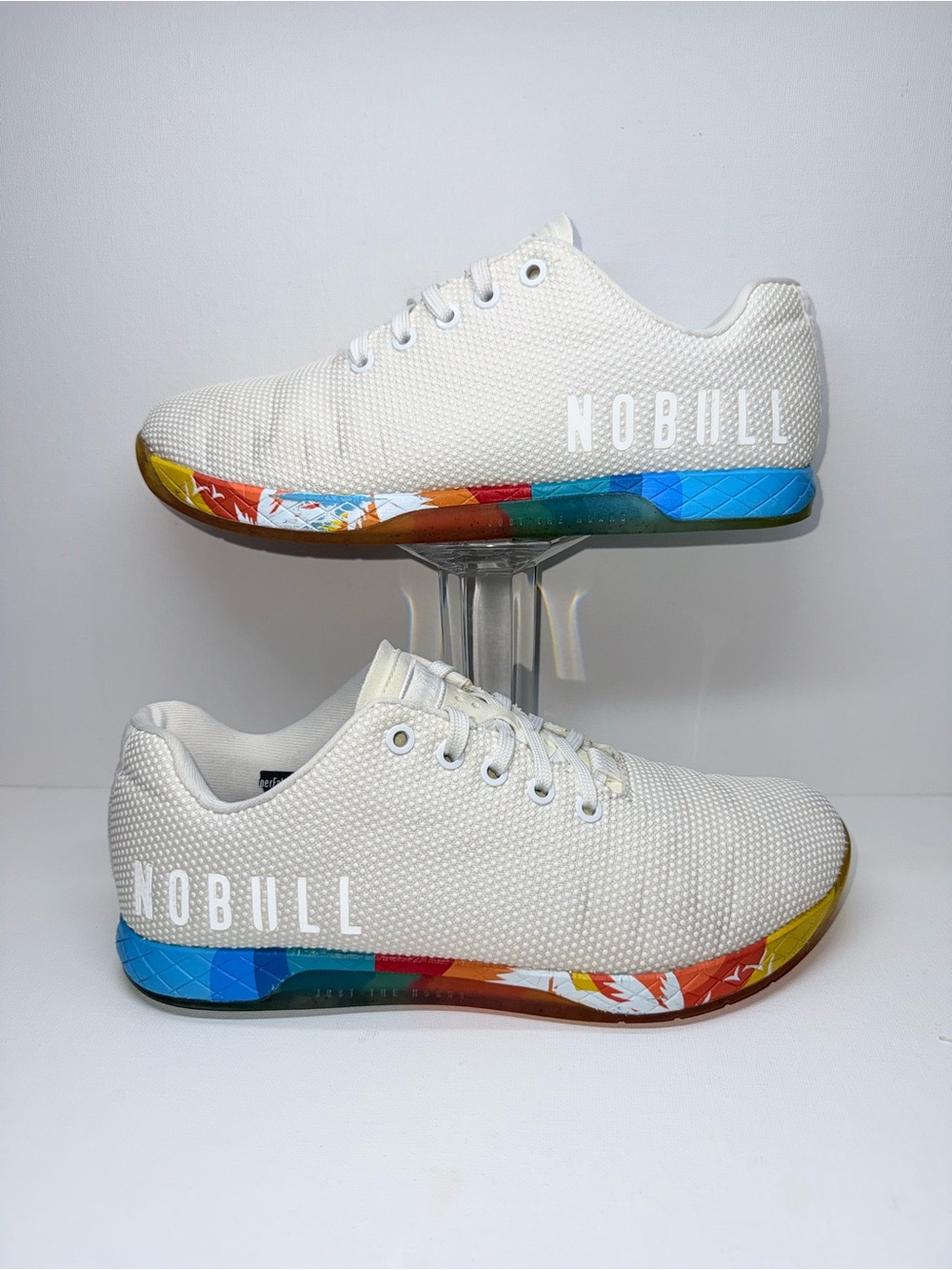 NOBULL White Mesh Trainers with Rainbow Accent Midsole Unisex W-10.5. M-9